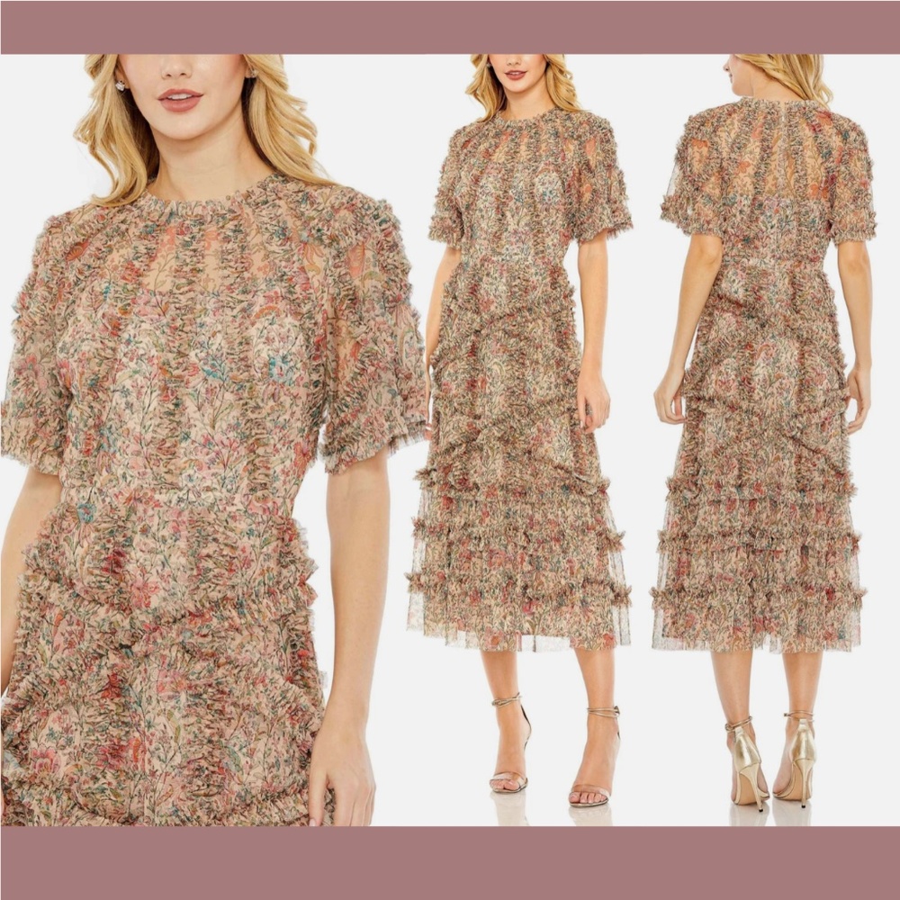 NWT $598 Mac Duggal [ 8 ] Floral Flutter Sleeve Mesh Print Dress in Beige Ruffle